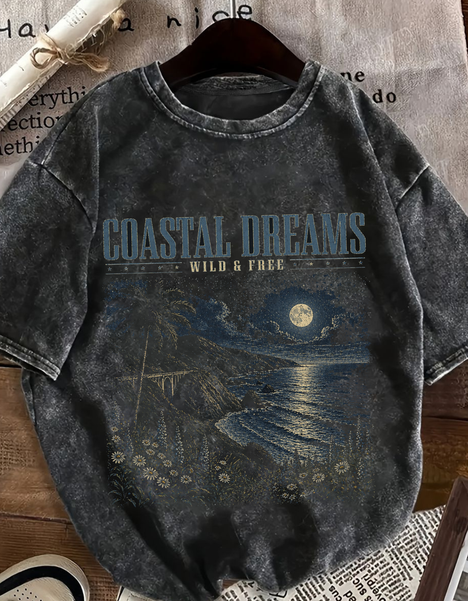 Coastal Dreams Unisex Acid Washed Oversized Printed Tee