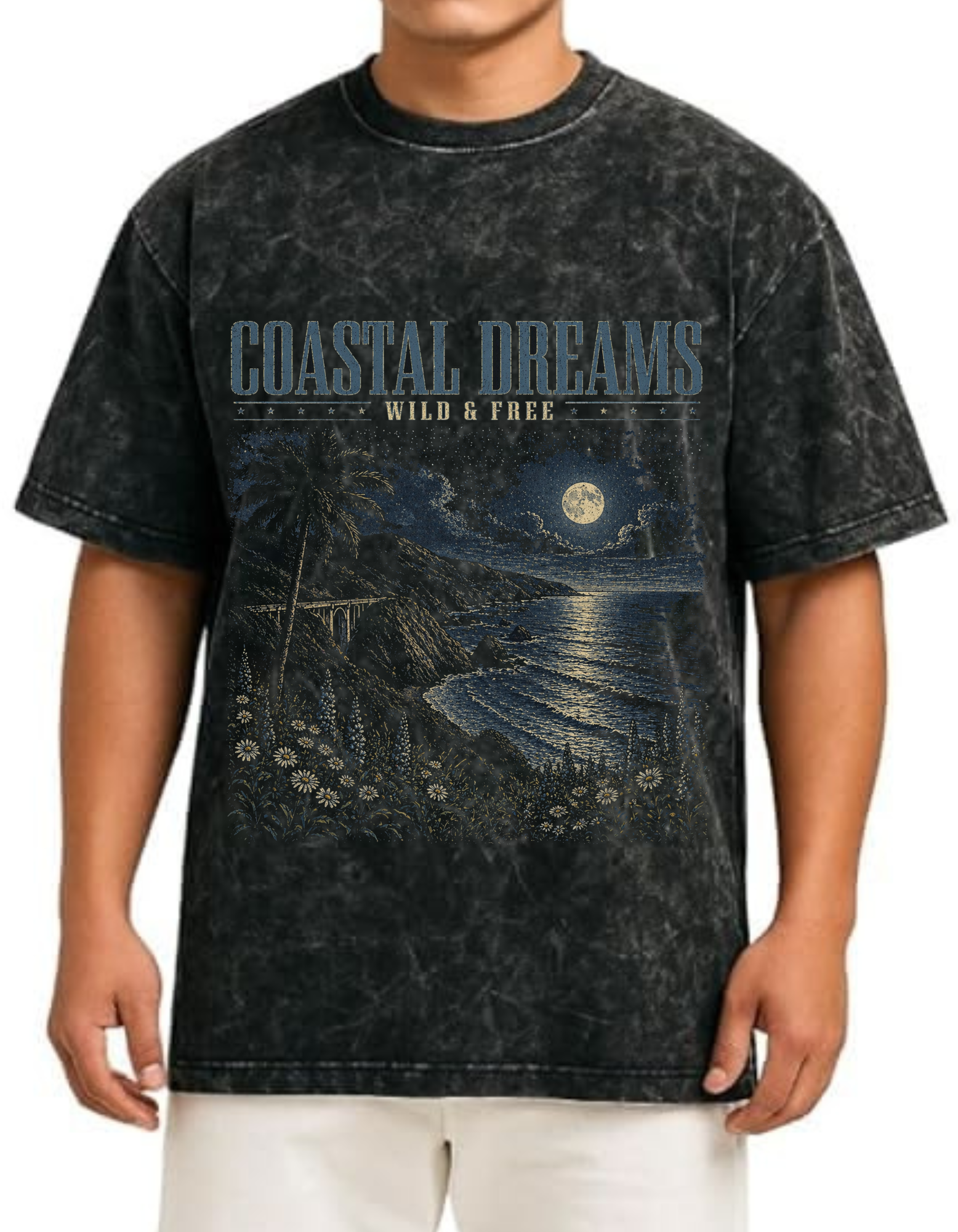 Coastal Dreams Unisex Acid Washed Oversized Printed Tee
