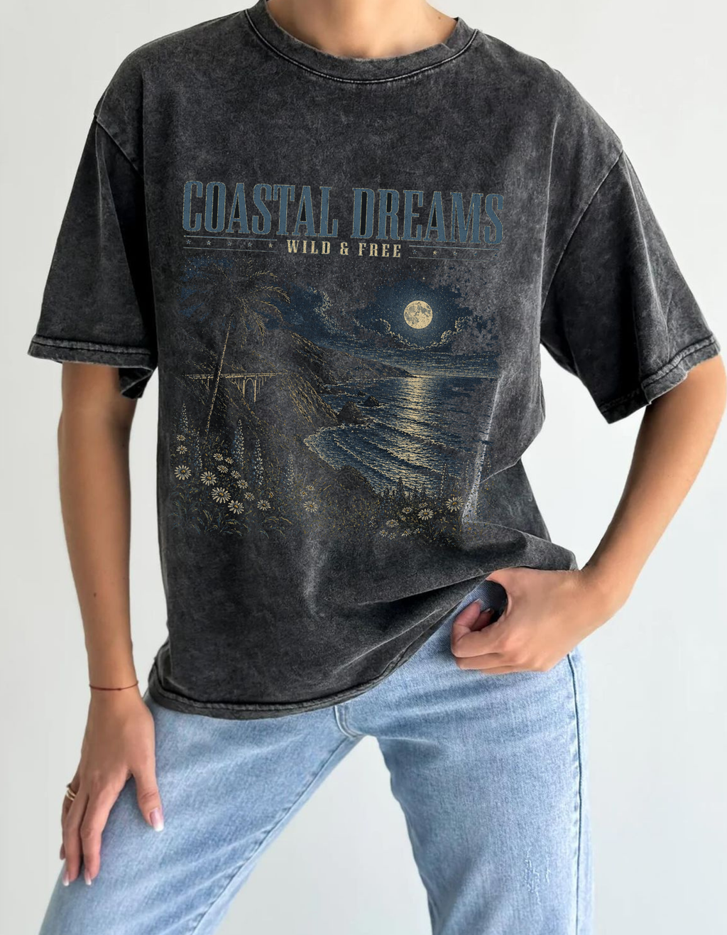 Coastal Dreams Unisex Acid Washed Oversized Printed Tee