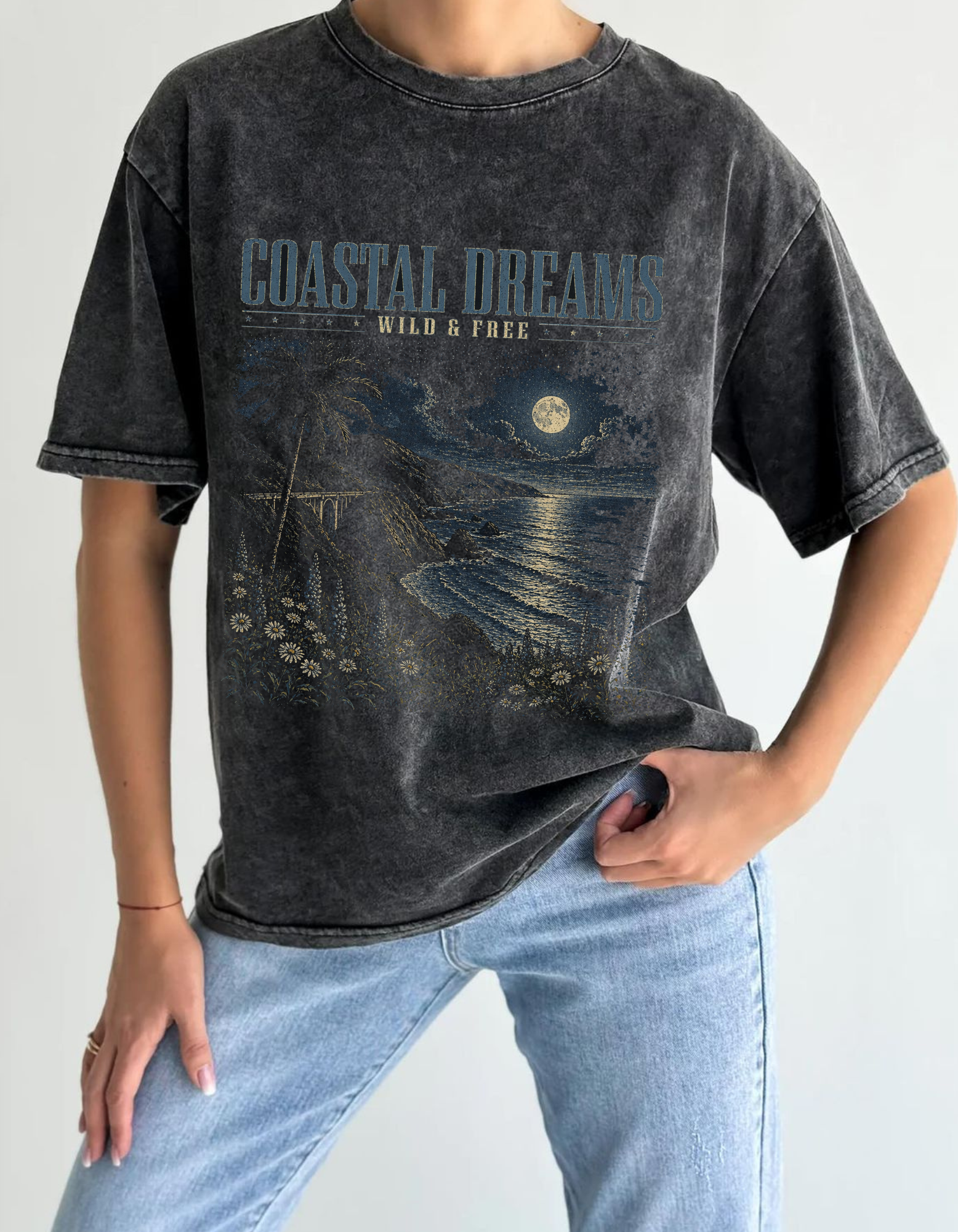 Coastal Dreams Unisex Acid Washed Oversized Printed Tee