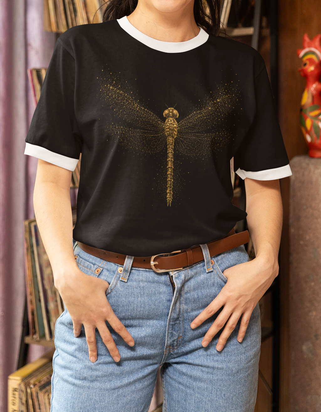 Women's Golden Dragonfly Ringer T-Shirt