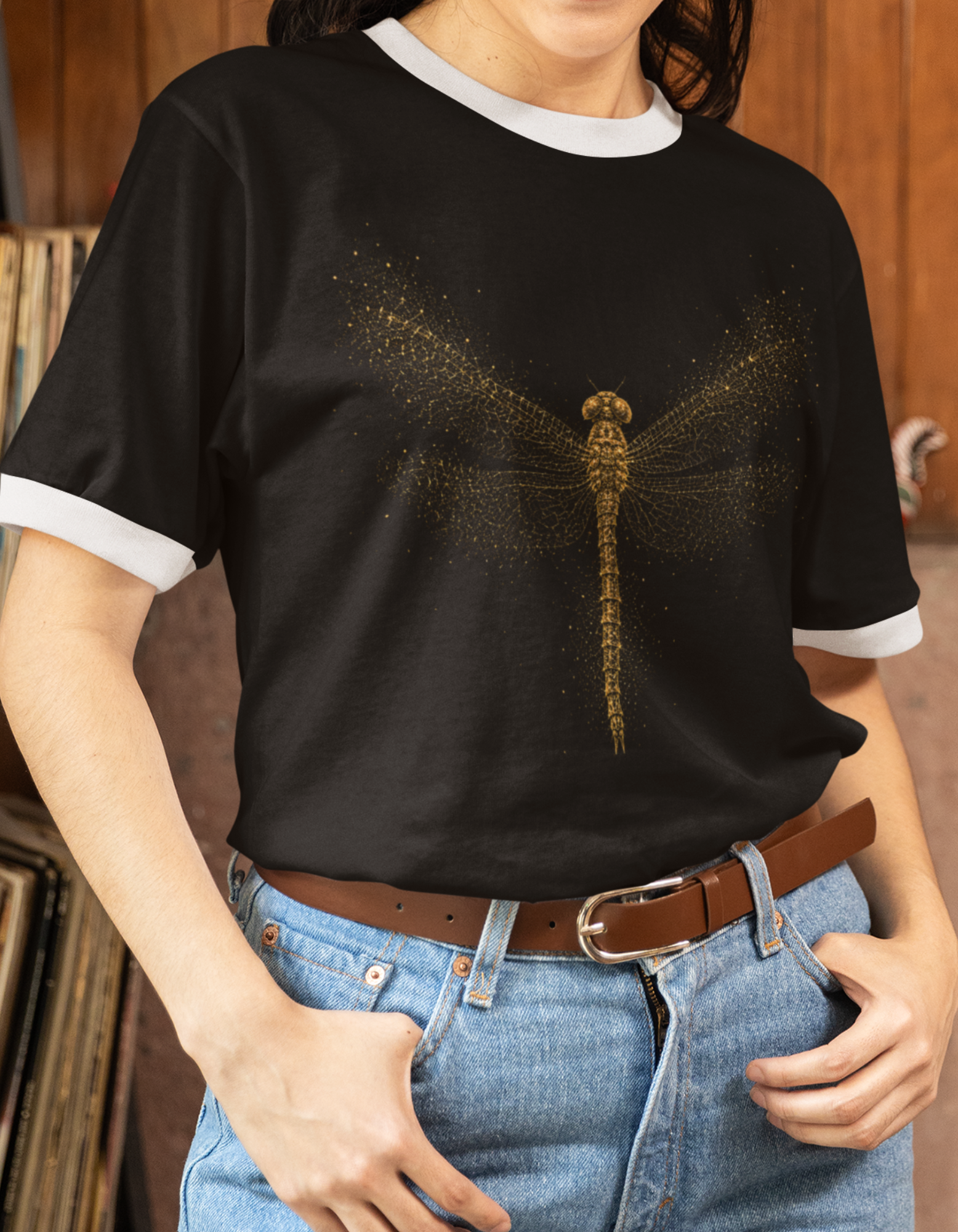 Women's Golden Dragonfly Ringer T-Shirt