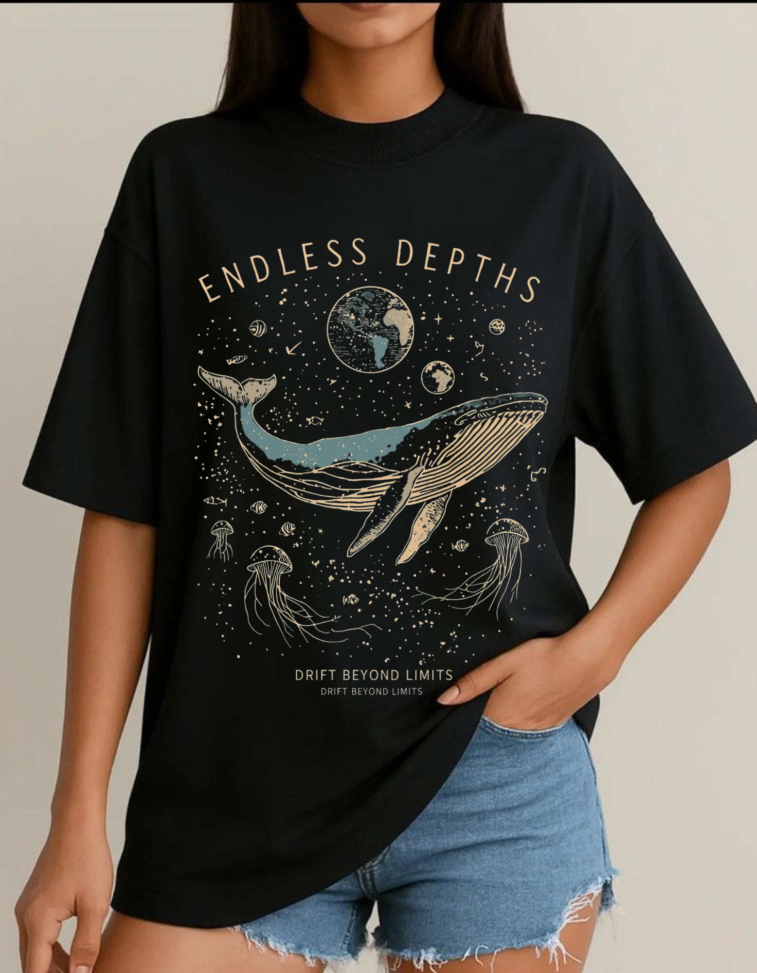 Unisex Oversized Ocean Endless Depths Printed T-Shirt