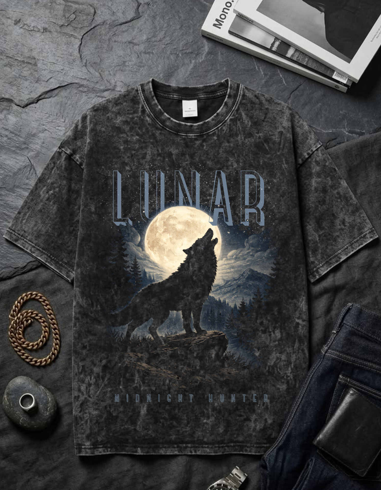 Unisex Acid Washed Oversized Lunar Tee